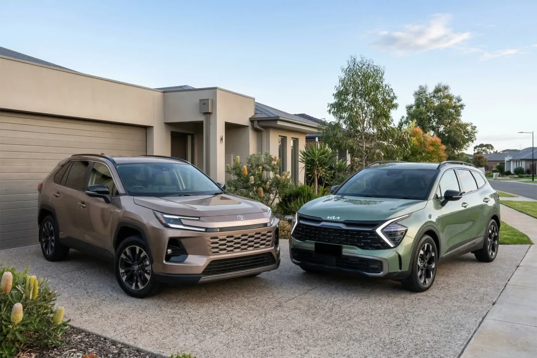 Kia Sportage and Toyota RAV4 SUVs parked side by side in an Australian suburban driveway