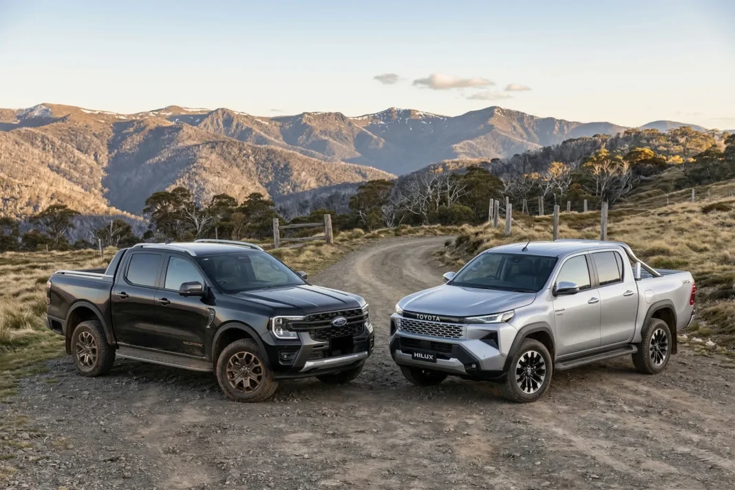 2026-toyota-hilux-vs-ford-ranger 2026 Toyota HiLux SR5 and Ford Ranger parked side-by-side on a dusty Australian track