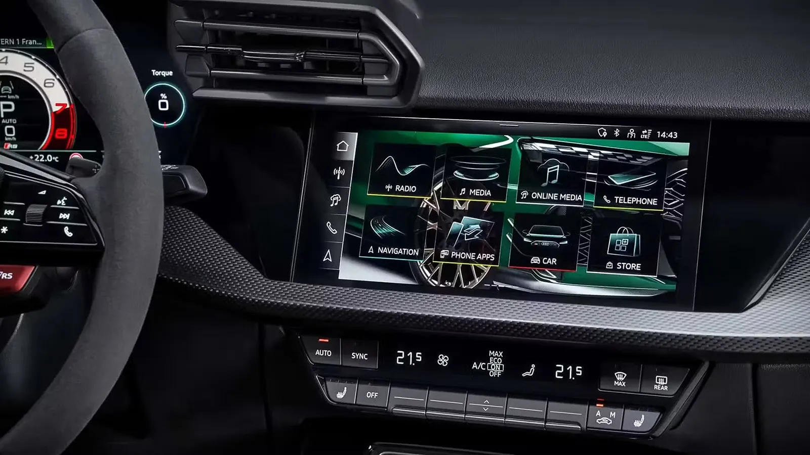 Audi RS3 2026 interior showing MMI infotainment system and digital cockpit display