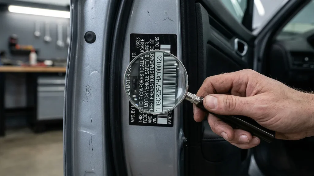 A mechanic uses a magnifying glass to inspect a vehicle VIN plate, symbolising Australia's OAIC investigation into car data collection practices