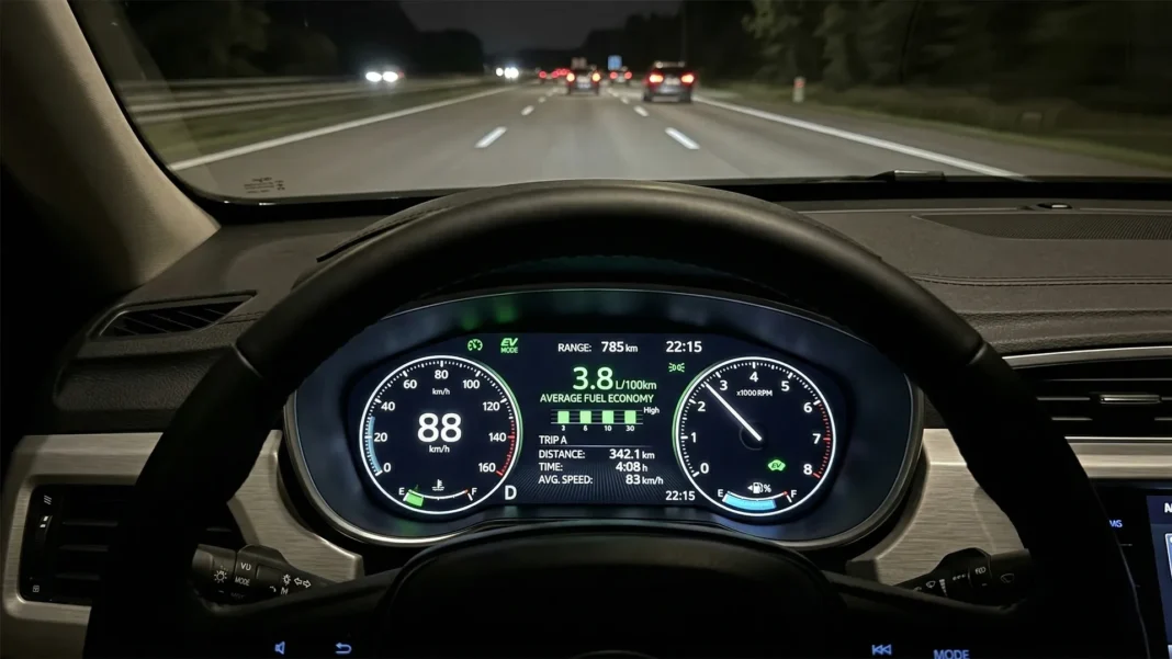 Car dashboard displaying speed and fuel economy statistics while driving on a highway at night