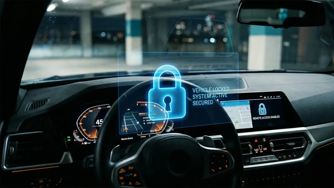 connected-car-data-security-privacy-act-australia-2026 A connected car dashboard displays a glowing digital padlock with
