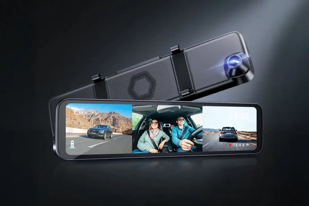 Vantrue M3 Digital rearview mirror dash cam system with front, rear and interior camera views displayed