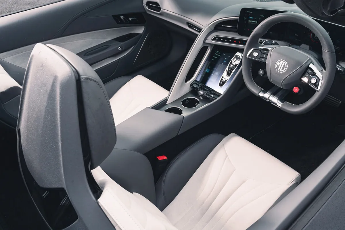 MG Cyberster GT dashboard with digital screens and modern driver-focused cockpit