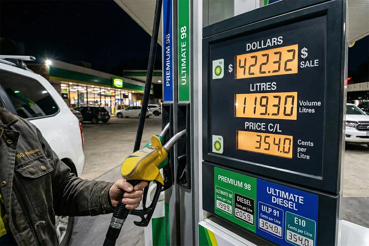 Close-up of a petrol pump display showing high fuel prices per litre at a BP service station in Australia at night