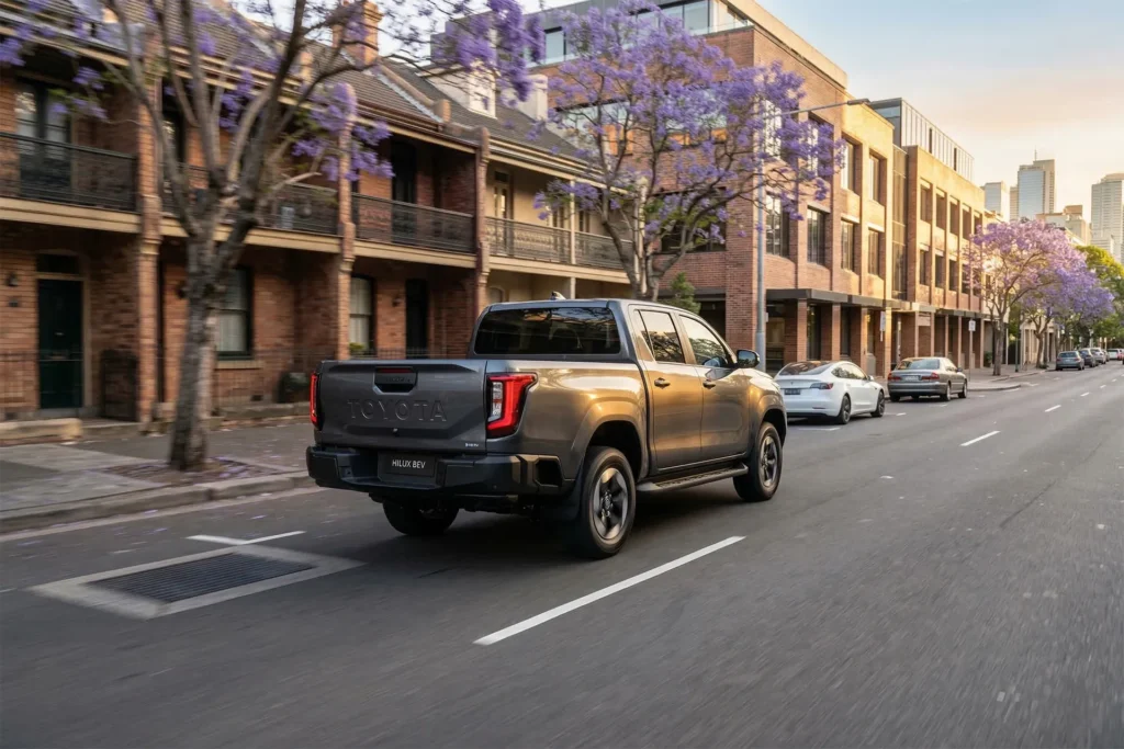 Toyota Hilux BEV electric pickup truck driving through a city street lined with jacaranda trees and urban buildings.