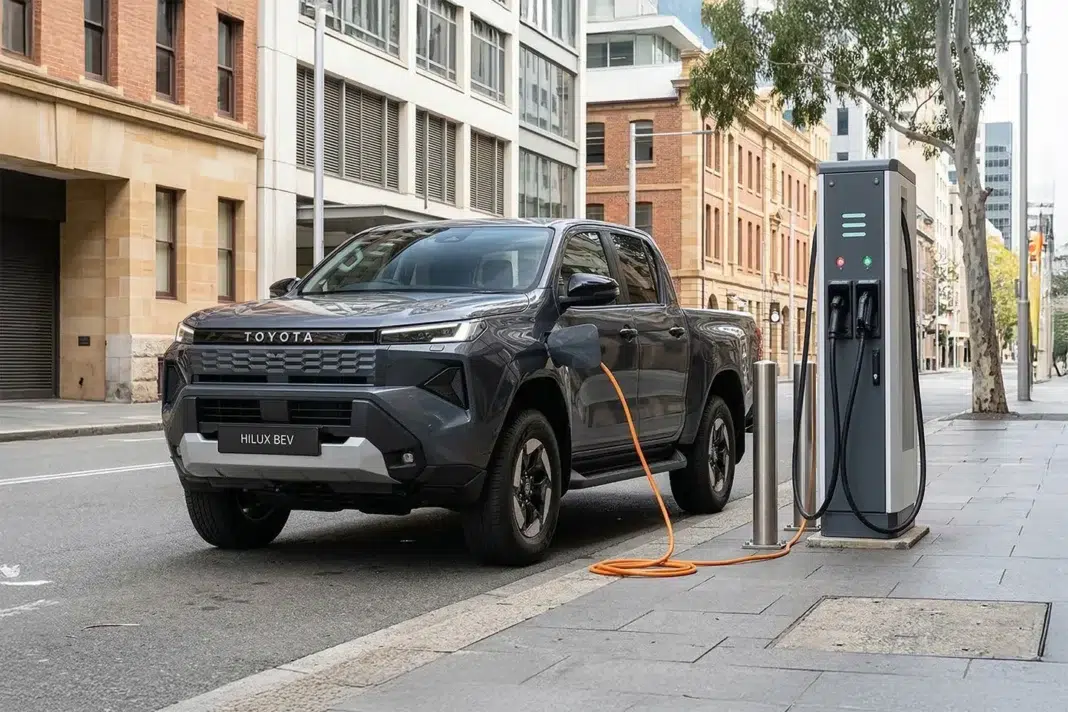 Toyota Hilux BEV electric pickup charging at a public EV charging station on an Australian city street.