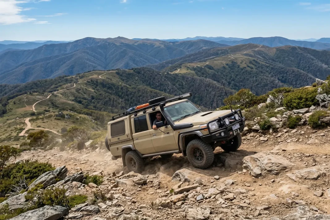 Toyota LandCruiser 4WD driving over rocky terrain on Blue Rag Range Track in the Victorian High Country.