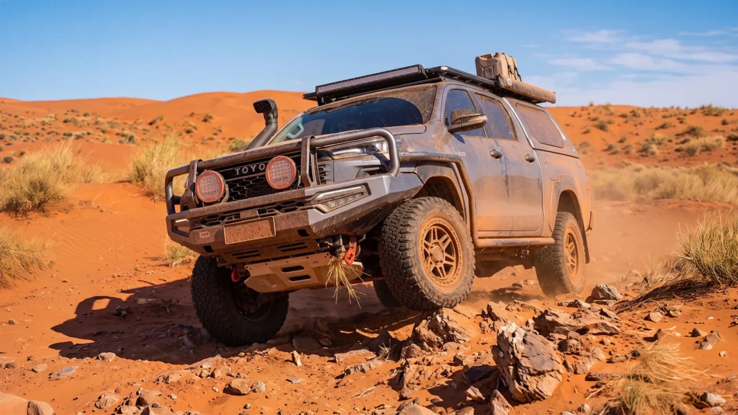 A heavily modified dark grey Toyota HiLux 4x4 featuring a bull bar, snorkel, and roof rack tackling rocky terrain in a red desert.