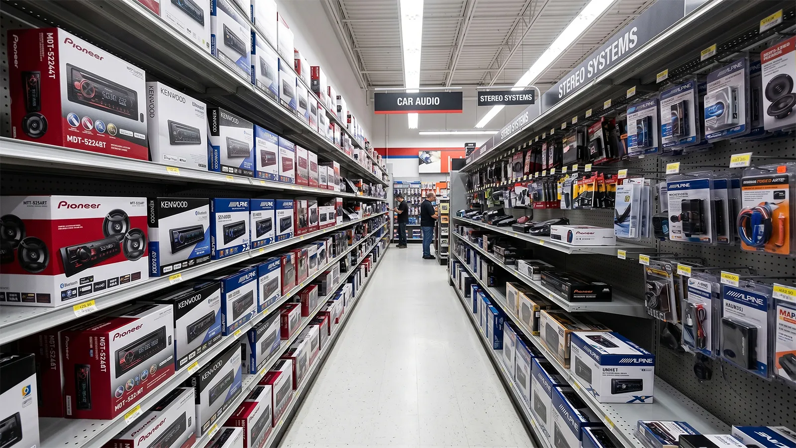 Pioneer Kenwood and Alpine car stereo boxes lined up on Australian auto parts store shelves