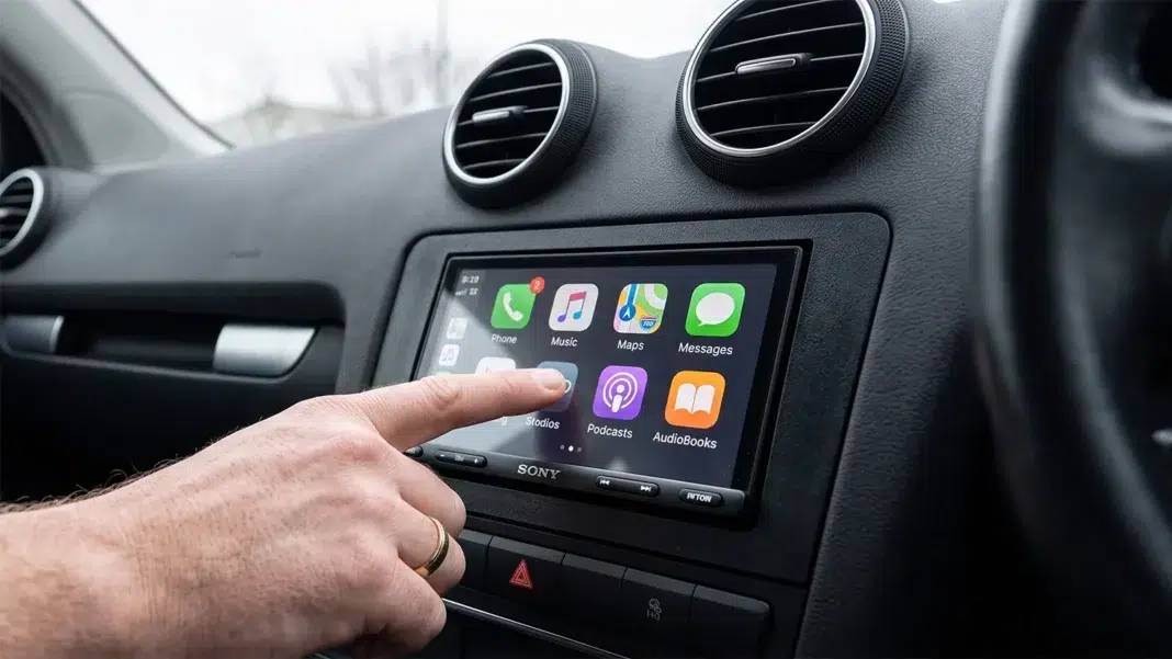 Driver tapping Sony XAV-AX5500 head unit displaying Apple CarPlay home screen in Audi A3 8P dashboard