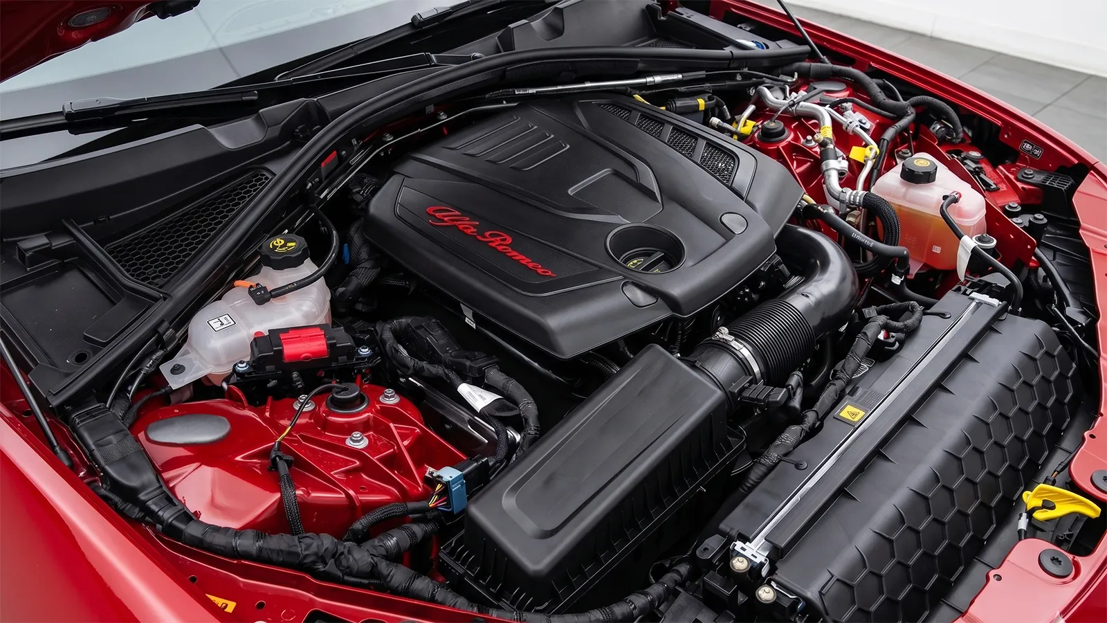 Engine bay of the 2026 Alfa Romeo Giulia Veloce showing the 2.0-litre turbocharged four-cylinder petrol engine with red Alfa Romeo branding