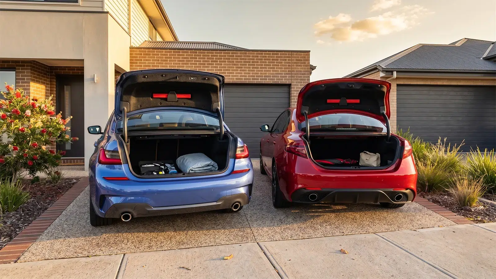 Blue 2026 BMW 330i and red Alfa Romeo Giulia Veloce parked side by side in a suburban driveway with boot lids open showing luggage capacity