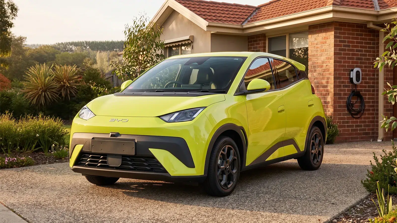 Yellow BYD Atto 1 small electric hatchback parked in an Australian suburban driveway beside a home EV charger, one of the affordable EVs driving BYD's record April 2026 sales