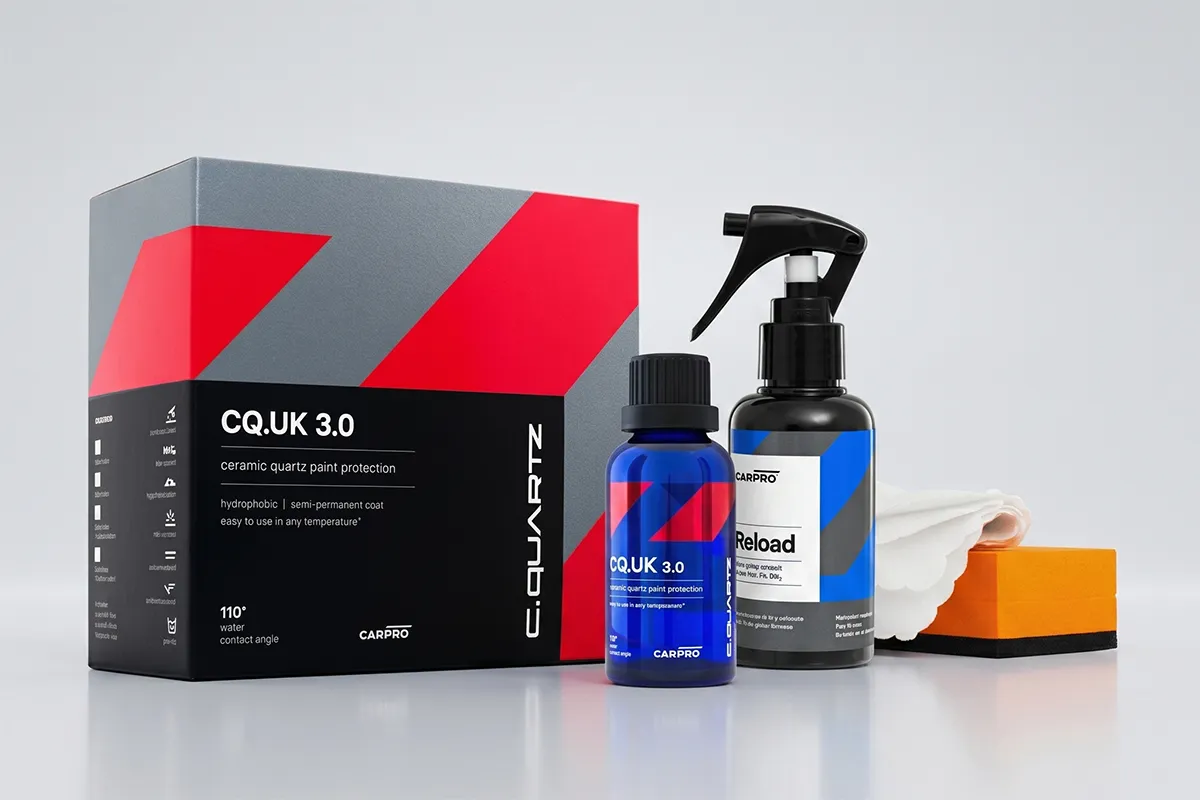 CarPro CQuartz UK 3.0 ceramic quartz paint protection kit with bottle, Reload spray, applicator block and microfibre cloth