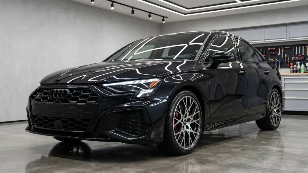 ceramic-coating-audi-s3-black-detailed-garage Black Audi S3 with freshly applied ceramic coating reflecting overhead LED lighting in a clean detailing garage