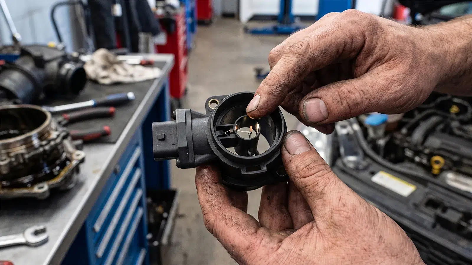 dirty-maf-sensor-held-mechanic-hands Mechanic's hands holding a dirty mass airflow sensor showing the exposed internal hot wire element