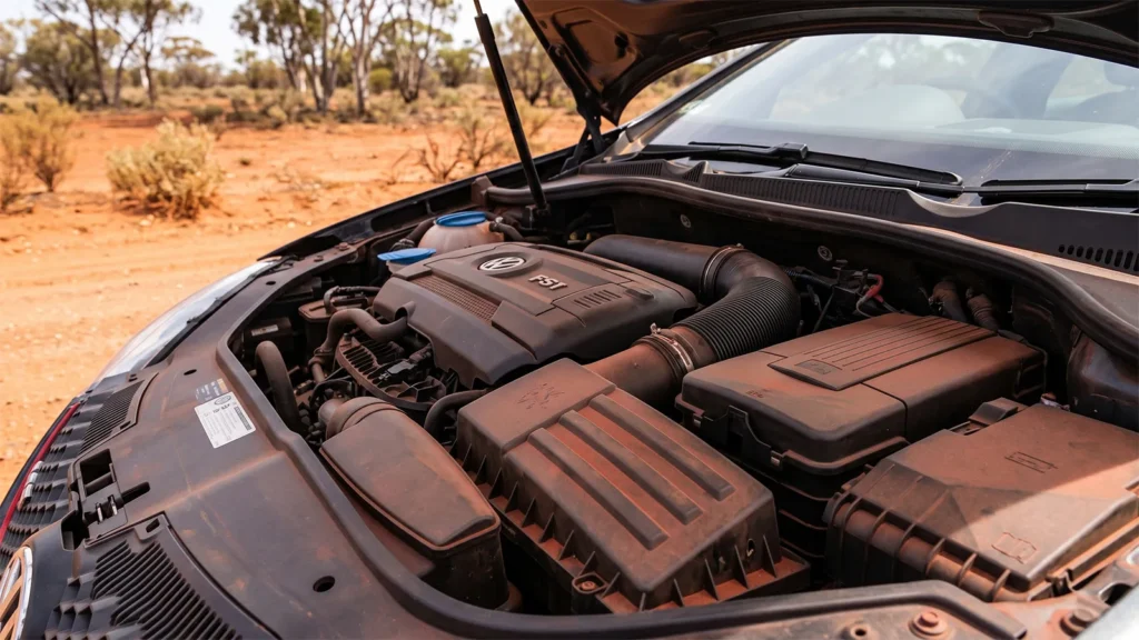 Dust-covered Volkswagen Golf FSI engine bay in the Australian outback showing a dirty air intake assembly
