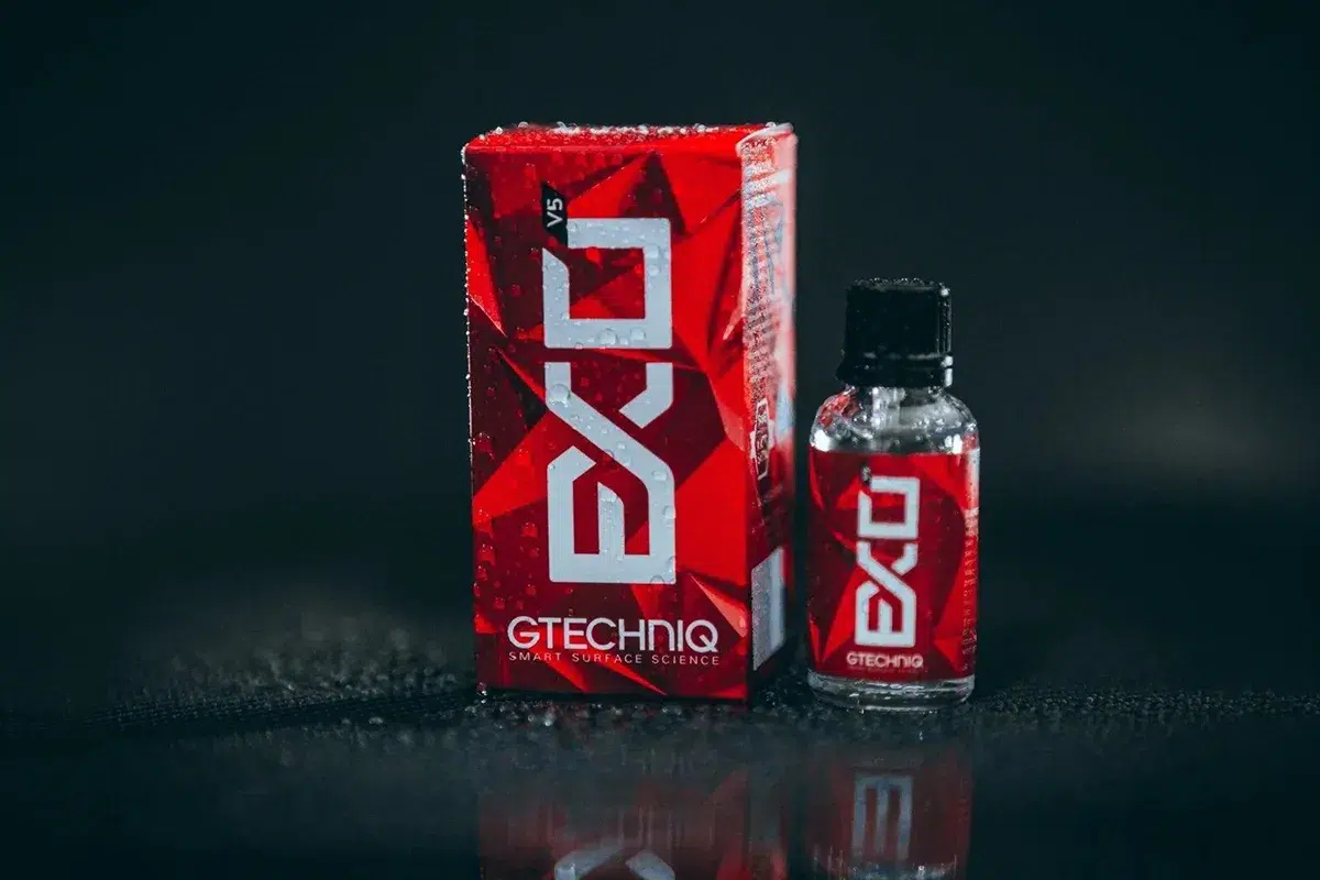 Gtechniq EXOv5 Ultra Durable Hydrophobic Coating 30ml bottle and red retail box on a dark studio background