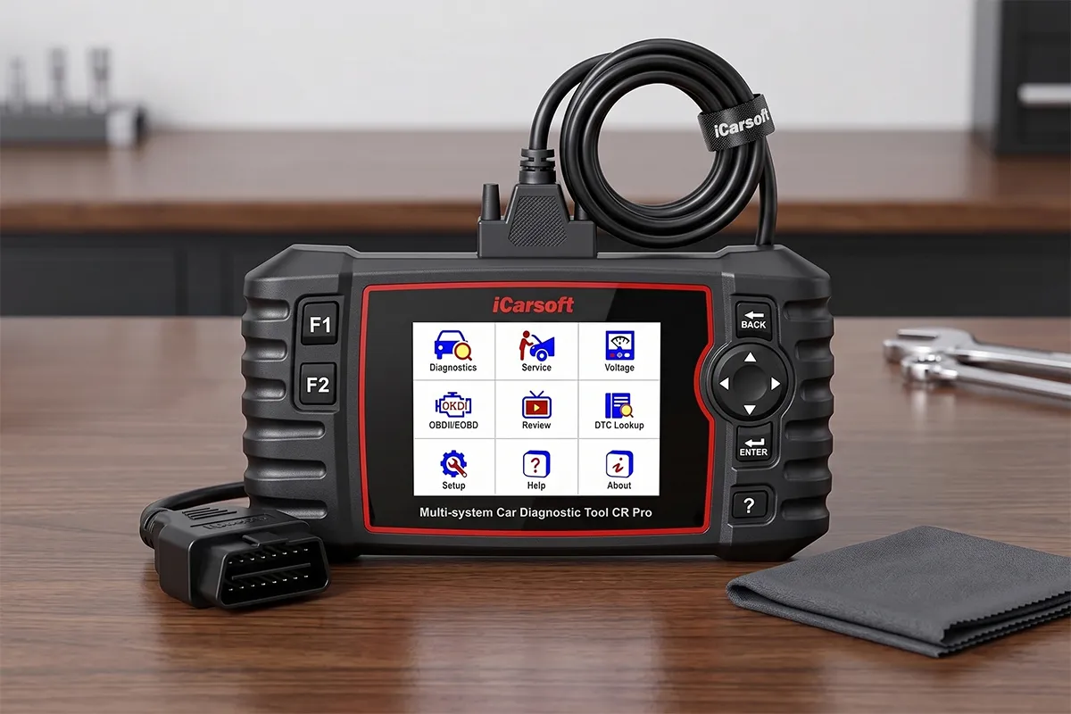 iCarsoft CR Pro multi-system diagnostic tool with OBD cable on a workshop bench
