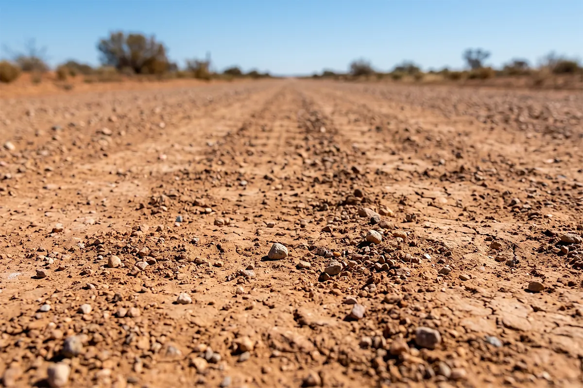 Close-up of the corrugated gibber stone surface of the Oodnadatta Track in outback South Australia