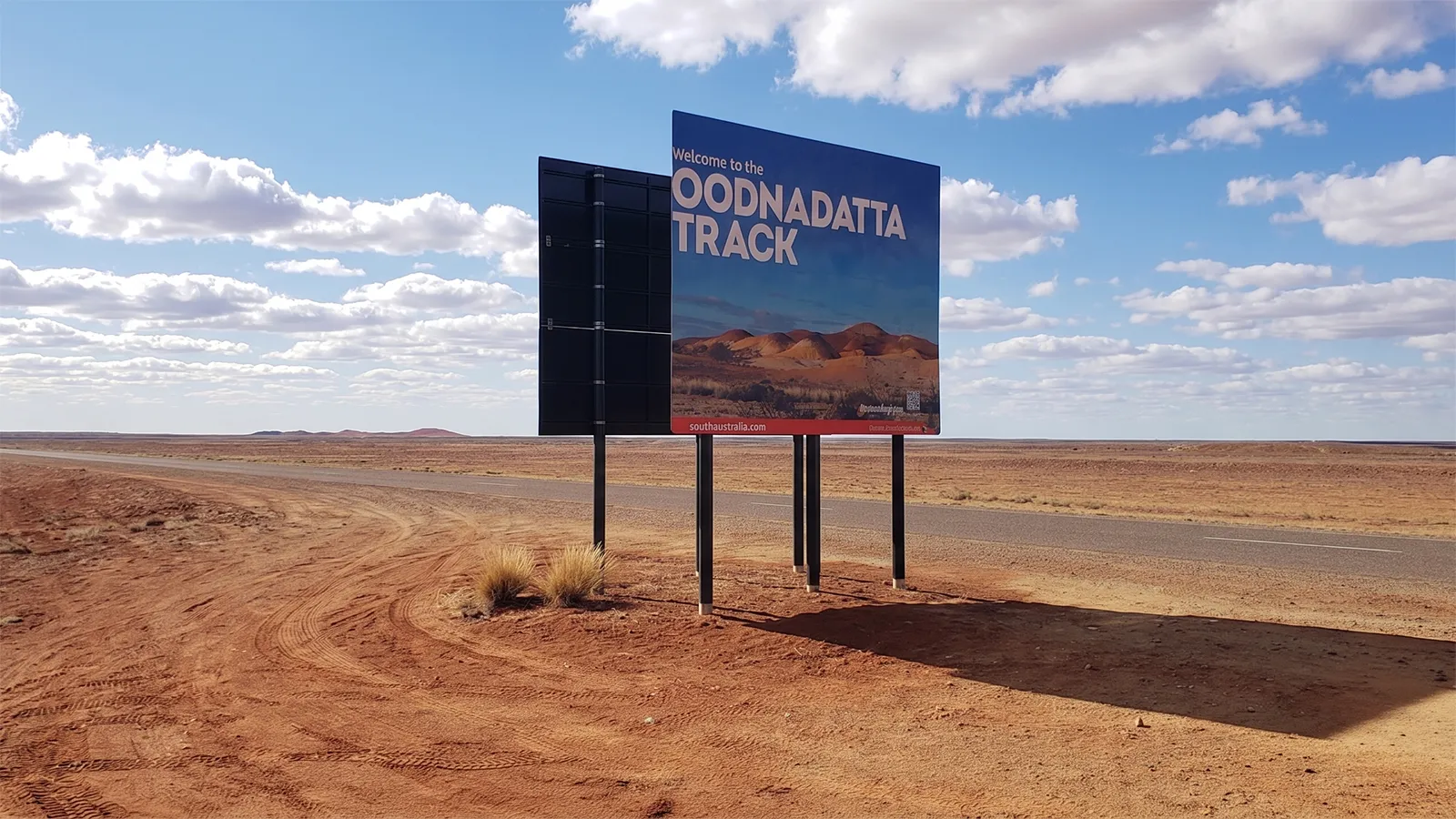 Welcome to the Oodnadatta Track sign on the South Australian outback highway