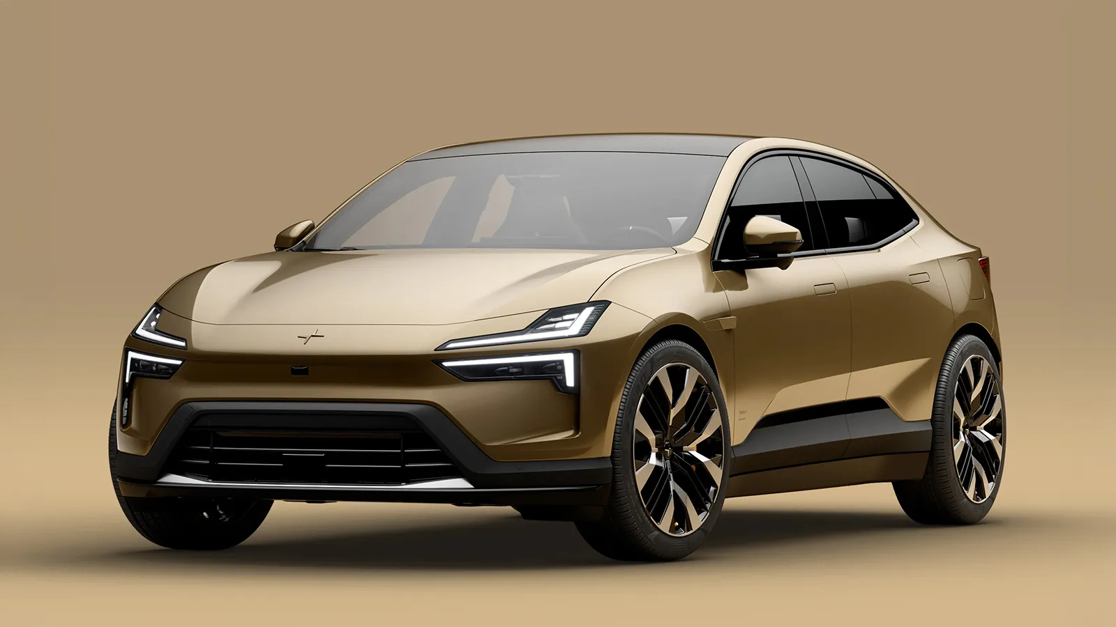 Polestar 4 front three-quarter studio shot showing dual-blade LED headlights and minimalist front fascia
