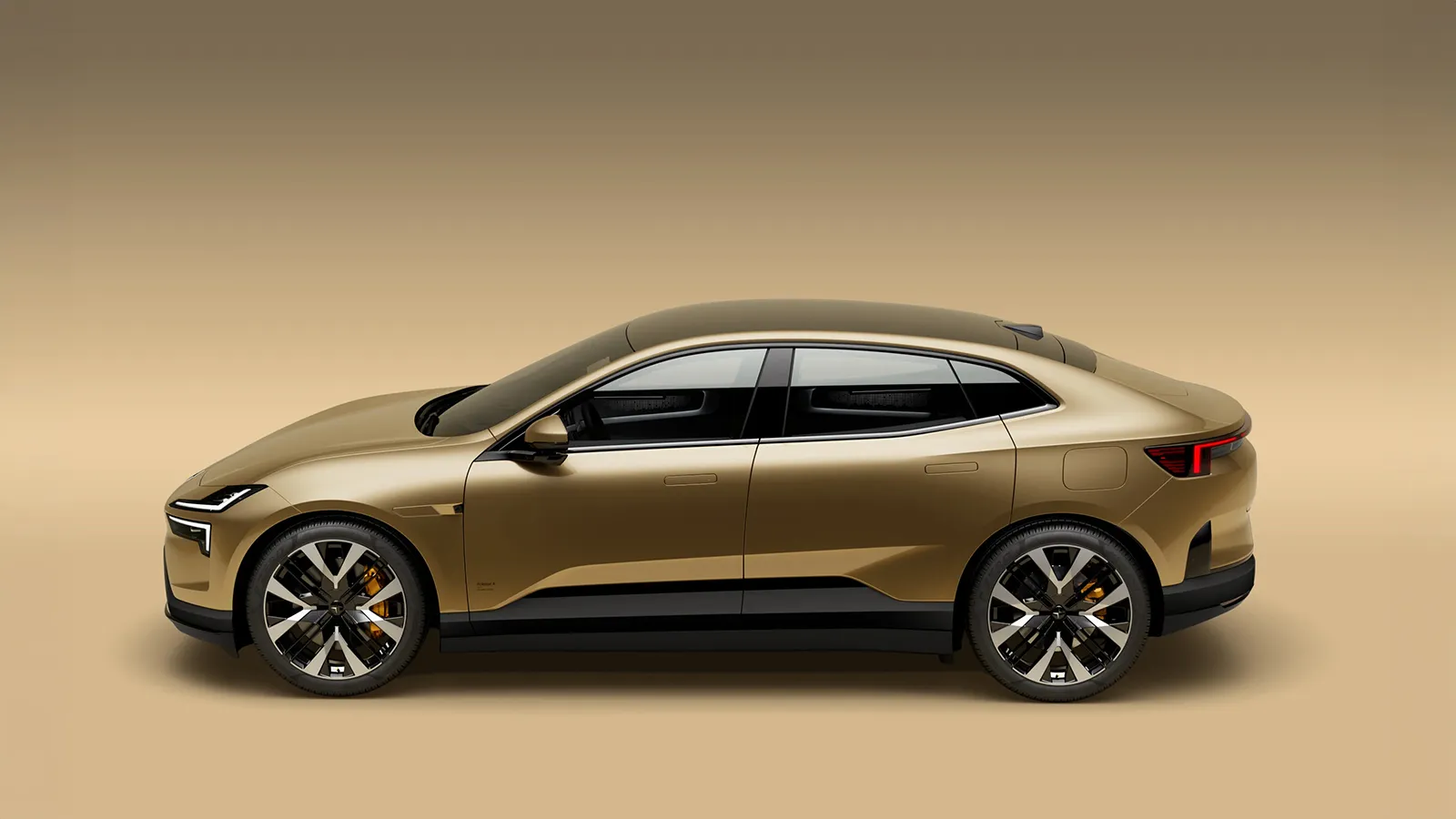 Polestar 4 Long Range Dual Motor side profile in gold showing coupe-SUV silhouette and aero alloy wheels