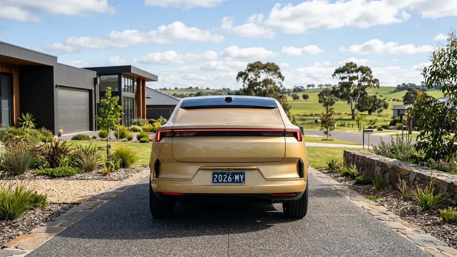 Polestar 4 rear straight-on view showing the deleted rear window and full-width LED tail light bar