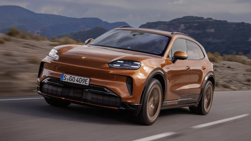 2026 Porsche Cayenne Electric in Madeira Gold Metallic driving on a mountain road