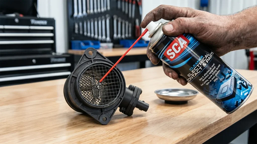 Hand spraying electrical contact cleaner through a red straw onto the mesh screen of a removed mass airflow sensor