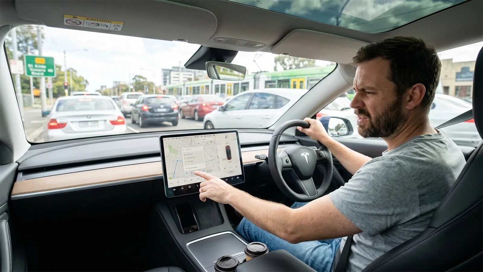 Frustrated driver reaching for a Tesla Model 3 touchscreen while stuck in Melbourne traffic, illustrating the usability problems of screen-only car interiors