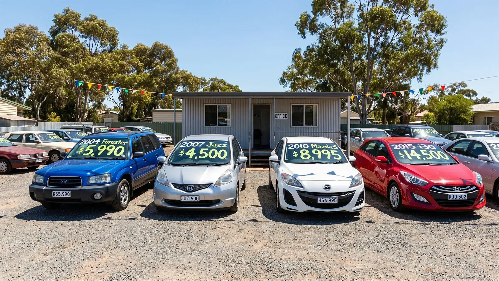 A small Australian used car yard showing a 2004 Subaru Forester, 2007 Honda Jazz, 2010 Mazda3, and 2015 Hyundai i30 with windscreen price stickers, illustrating the range of model years relevant to OBD2 compliance