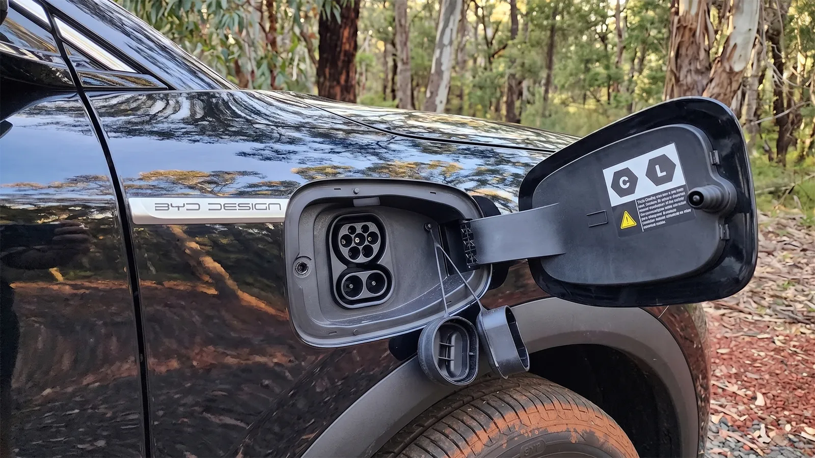 Close-up of the BYD Atto 3 CCS2 charging port with the flap open, showing the AC and DC connectors, set against bushland
