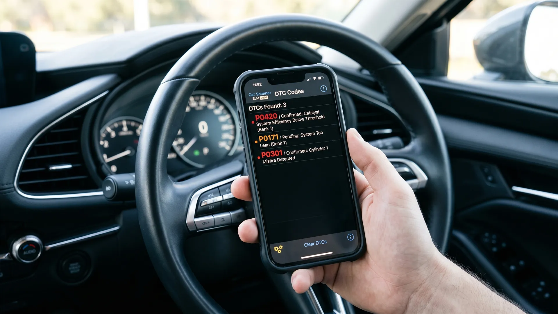 A hand holding a smartphone showing the Car Scanner ELM OBD2 app with three fault codes — P0420, P0171, and P0301 — displayed in a used car cabin with the steering wheel visible in the background