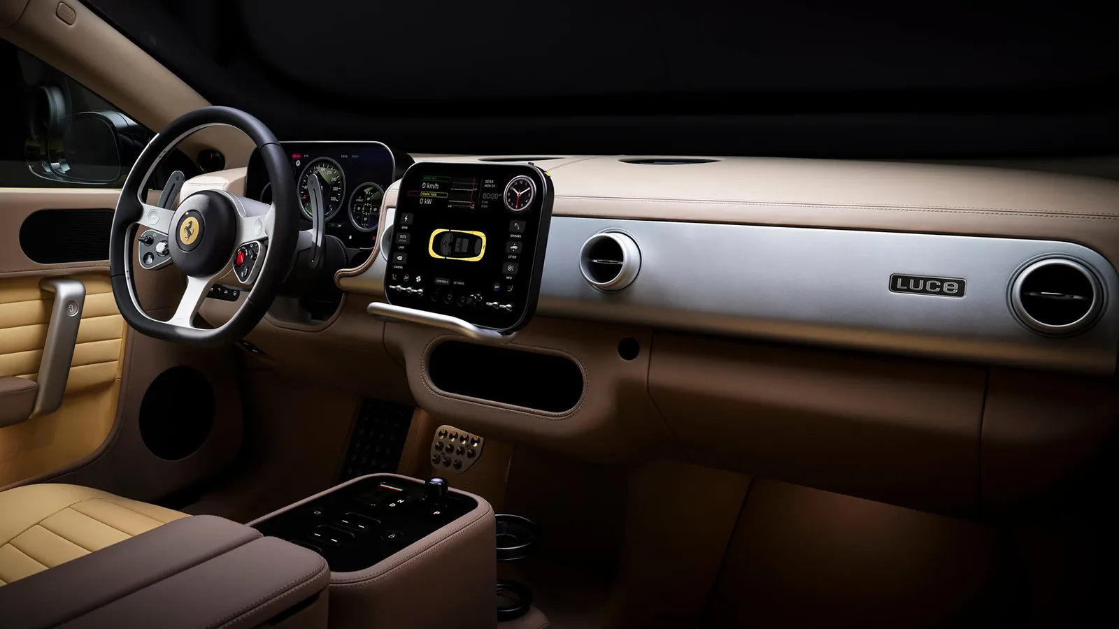Ferrari Luce interior in tan and brown leather showing central OLED screen, Luce nameplate on dash, and physical gear selector