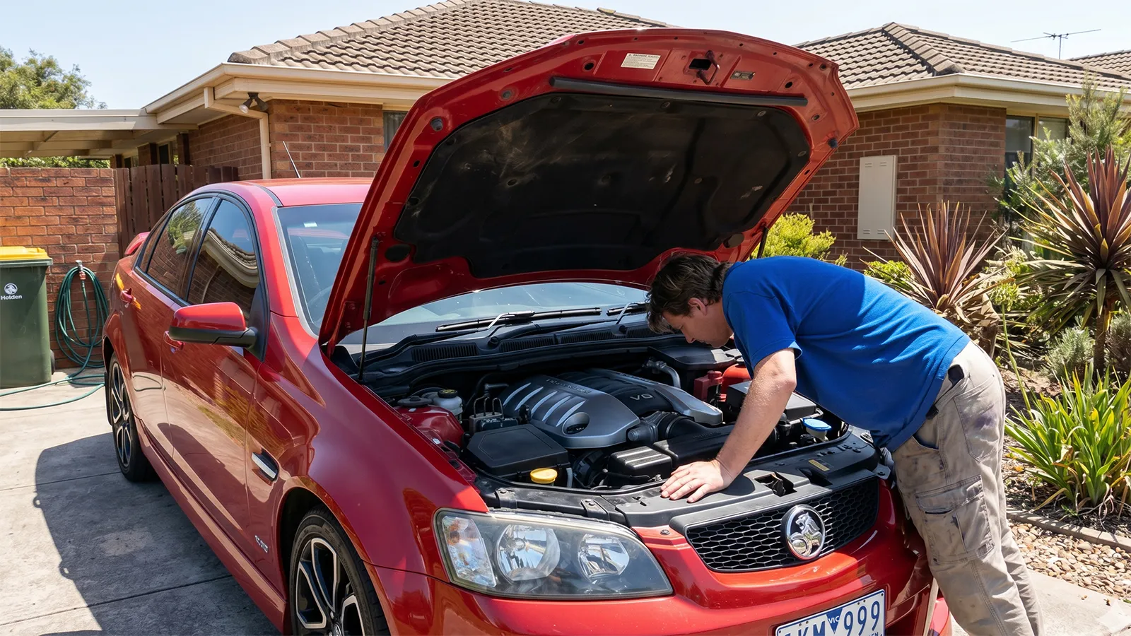 A buyer leaning over the open engine bay of a red Holden Commodore SS in a suburban Melbourne driveway, inspecting the V8 engine before purchase