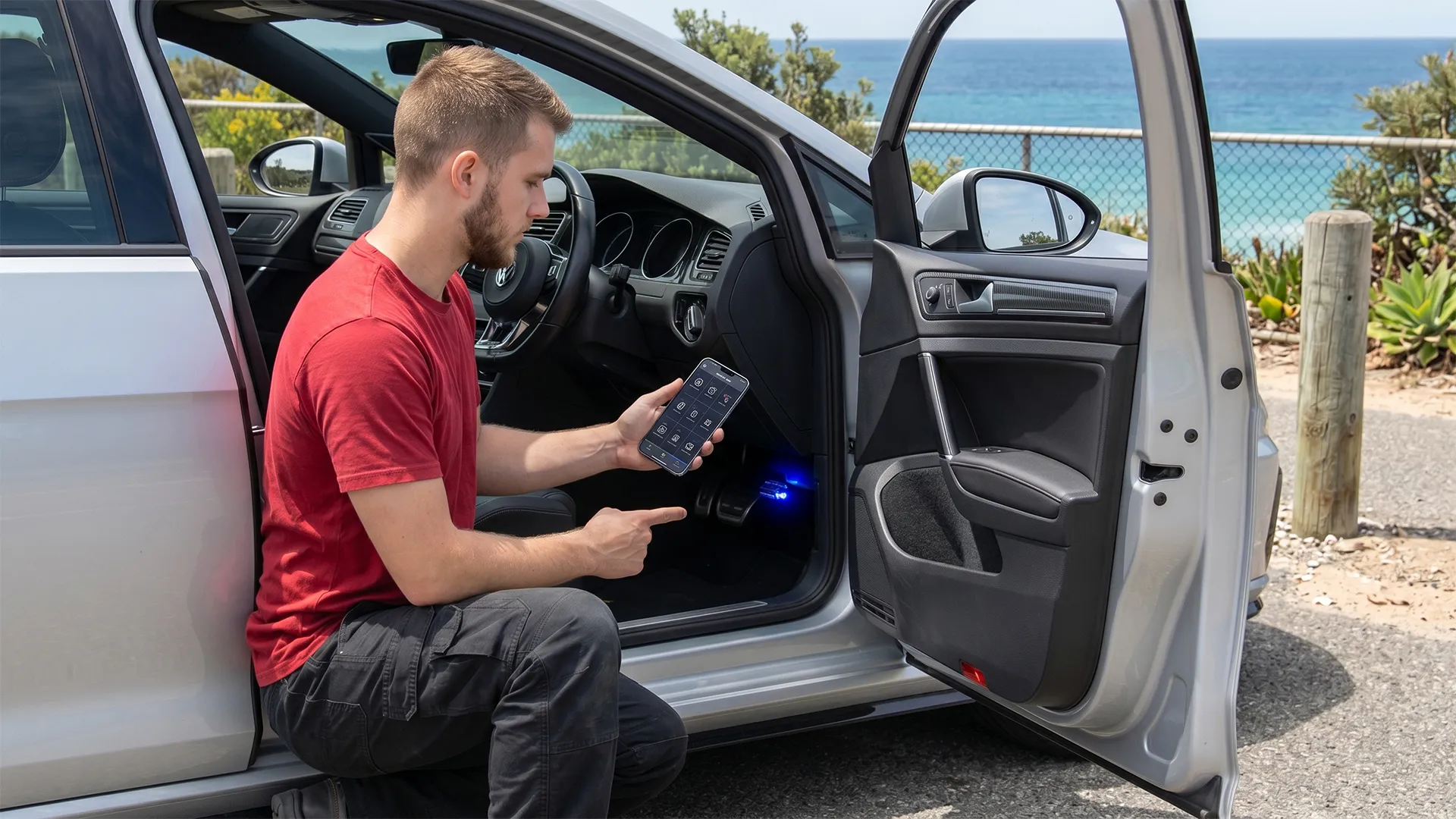 obd2-bluetooth-dongle-app-coastal-inspection Man using a phone diagnostic app connected to a blue Bluetooth OBD2 dongle in a VW, parked by the coast in Australia