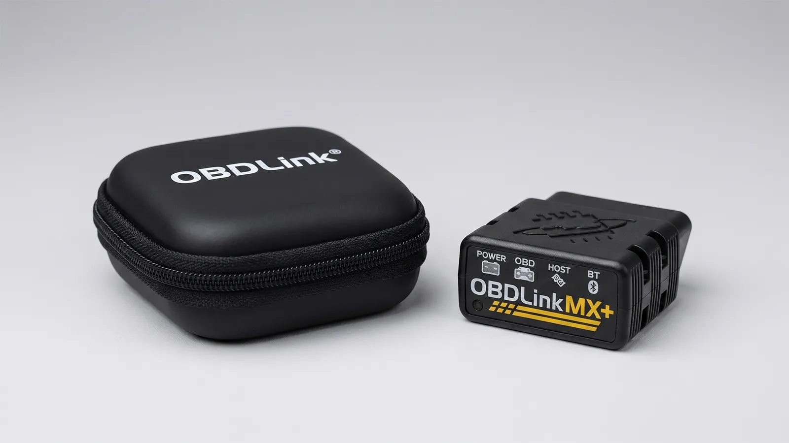 OBDLink MX+ Bluetooth OBD2 scanner next to its zippered carry case on a grey background