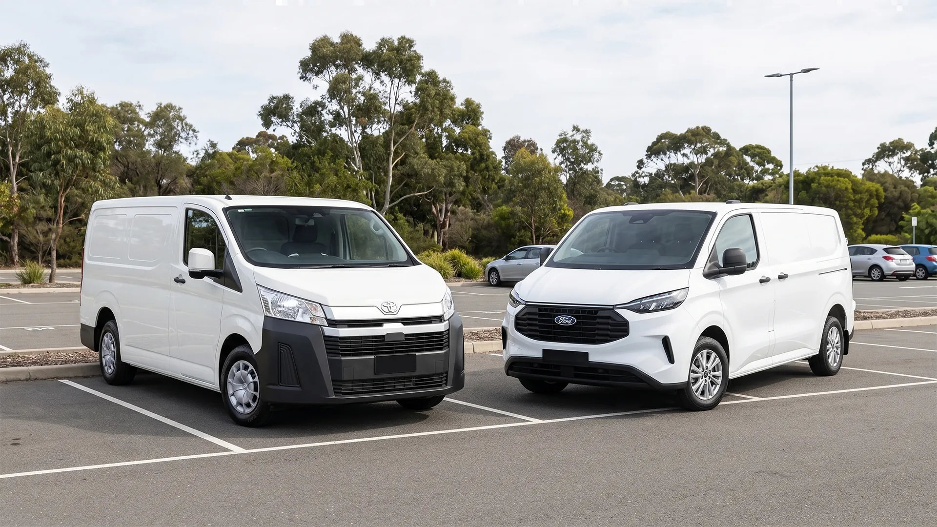 toyota-hiace-vs-ford-transit-custom-comparison Toyota HiAce and Ford Transit Custom vans parked side by side in an Australian car park, front three-quarter view