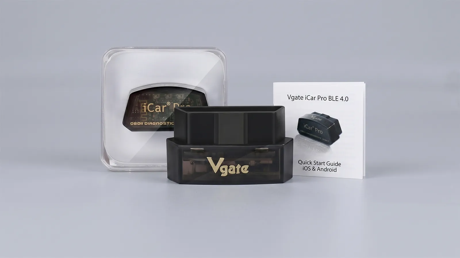 Vgate iCar Pro BLE 4.0 Bluetooth OBD2 adapter with packaging and quick start guide for iOS and Android