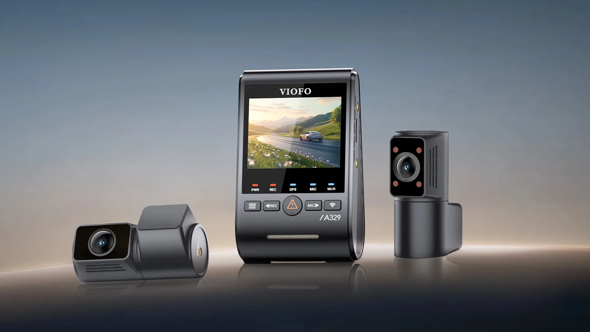 VIOFO-A329S-3CH-review VIOFO A329 3CH kit showing the front unit with screen, the 2K rear camera and the infrared cabin camera