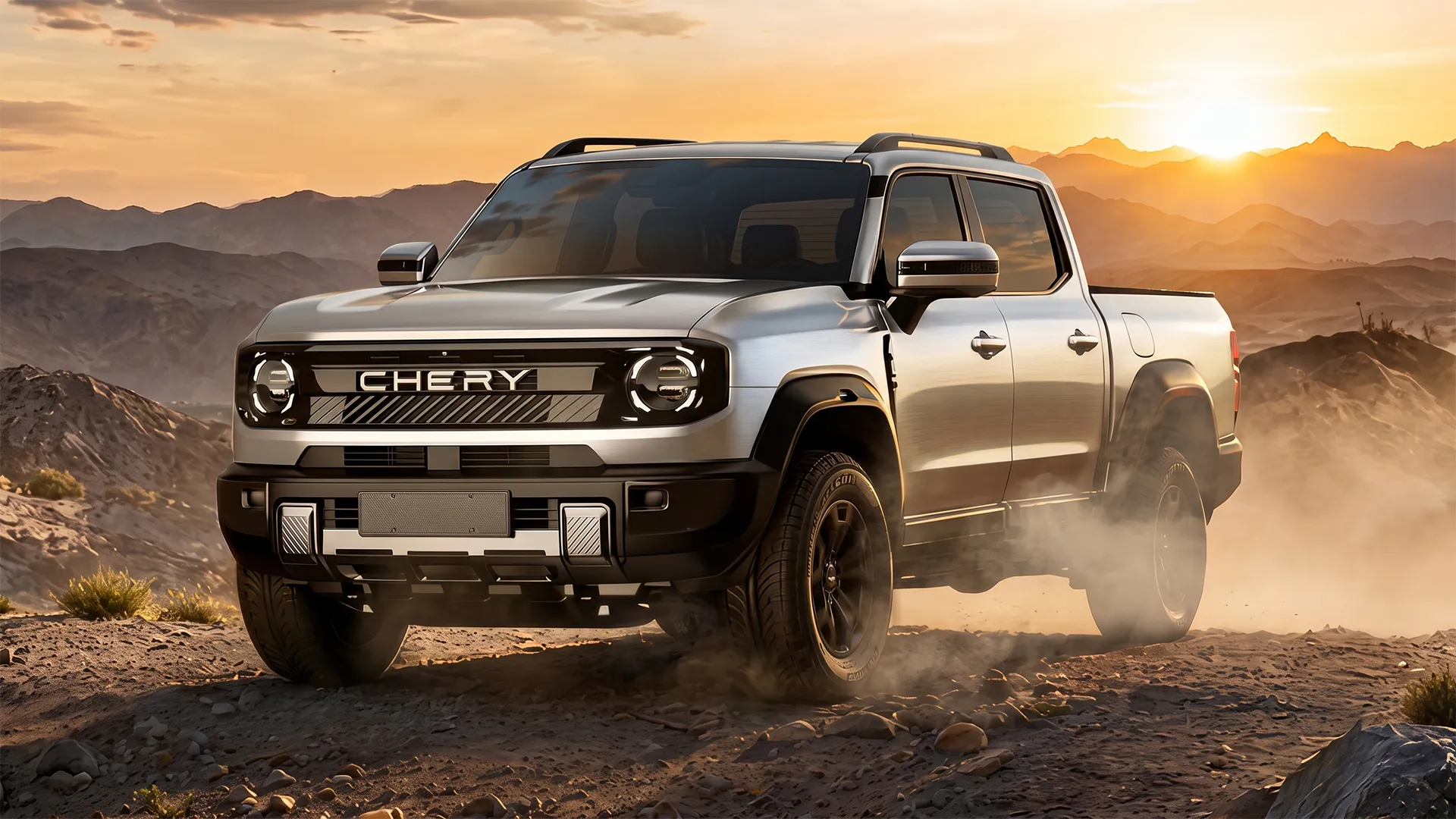 chery-stockman-off-road Silver Chery diesel plug-in hybrid ute kicking up dust on a rocky desert trail at sunset, front three-quarter view