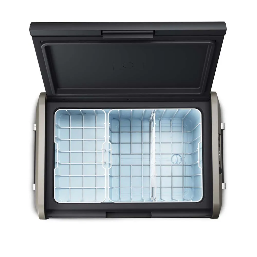 Top-down view of the Dometic CFX5 55's empty 55-litre tub with dual wire baskets