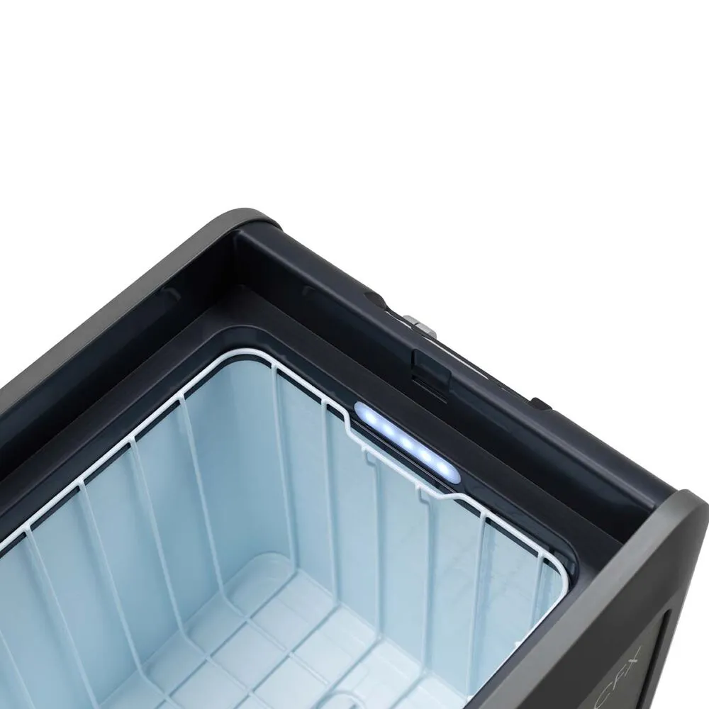 Close-up of the Dometic CFX5 55's inside LED light strip and wire basket