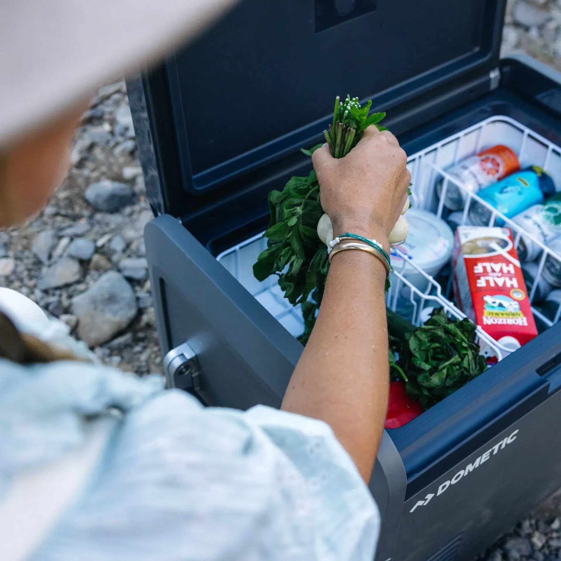 Loading fresh herbs, vegetables and dairy into the Dometic CFX5 55's wire basket