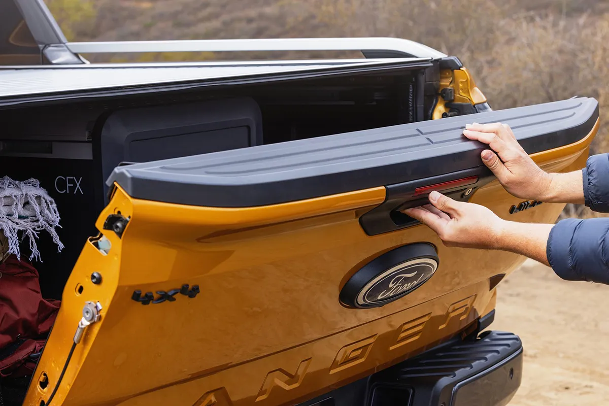 Ford Ranger Wildtrak tailgate open revealing tub space and built-in fridge