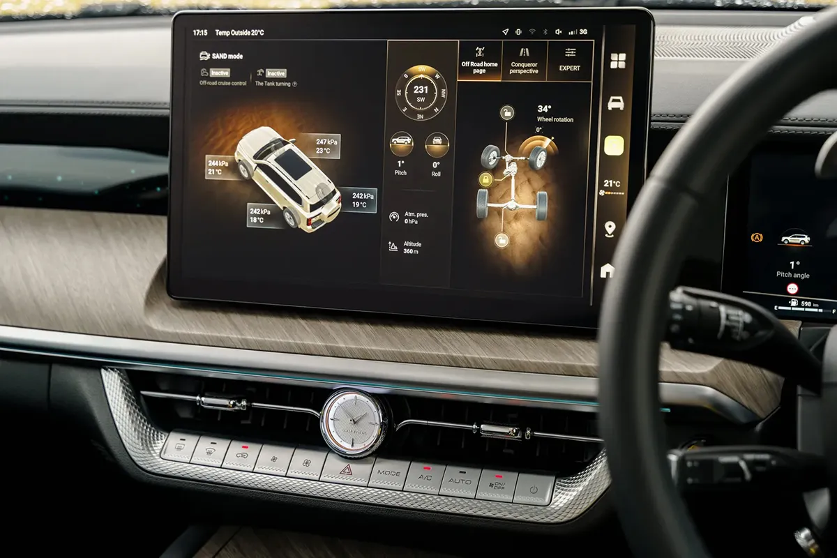 GWM Tank 500 touchscreen displaying off-road Sand mode with wheel rotation and pitch data