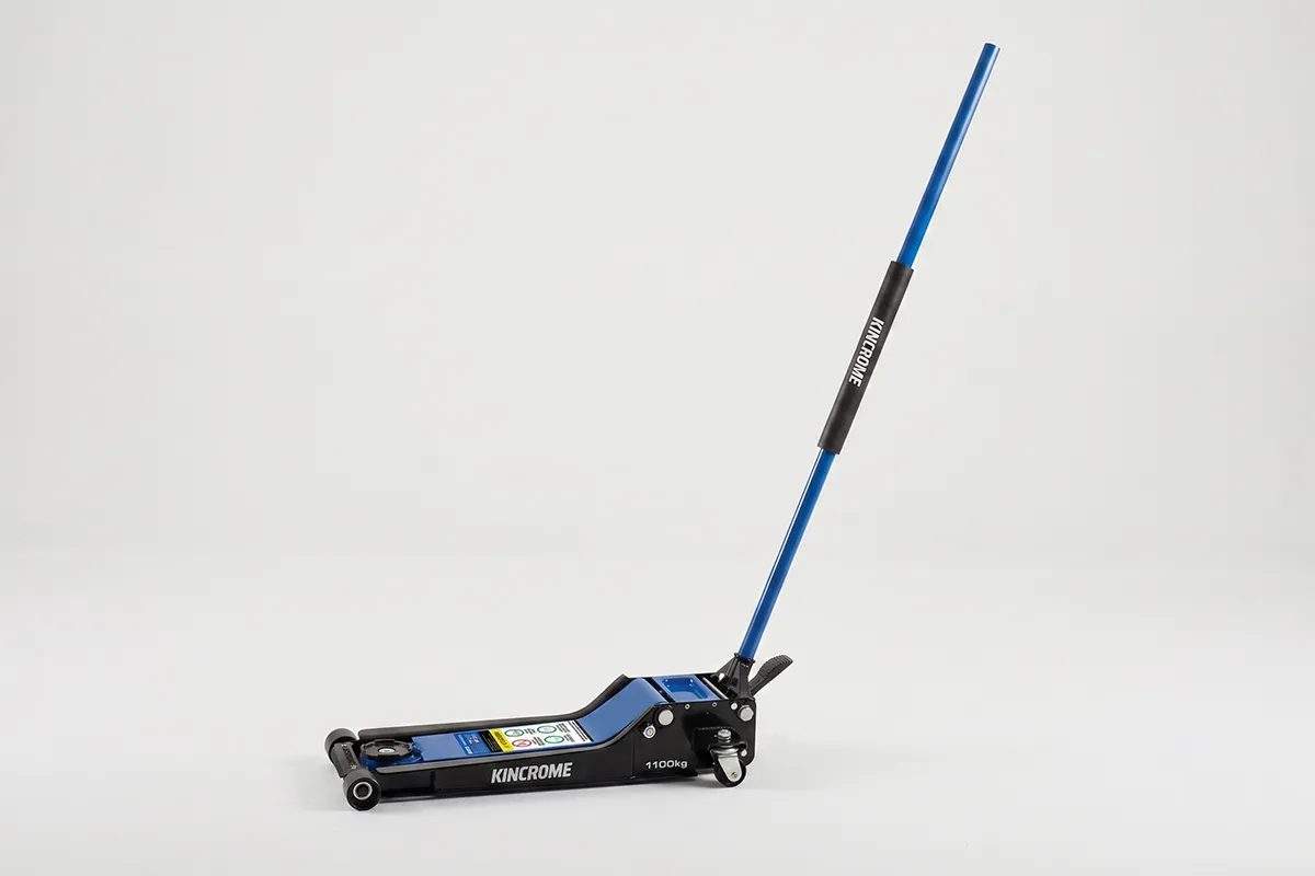 Kincrome K12164 1100kg super low-profile garage jack in satin black and blue with extended handle, product shot white background