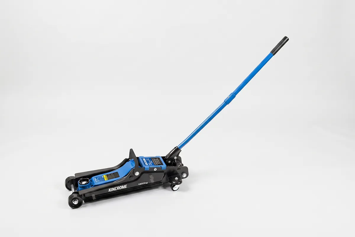 Kincrome K12161 1850kg low-profile hydraulic trolley jack in black and blue with extended handle, product shot white background